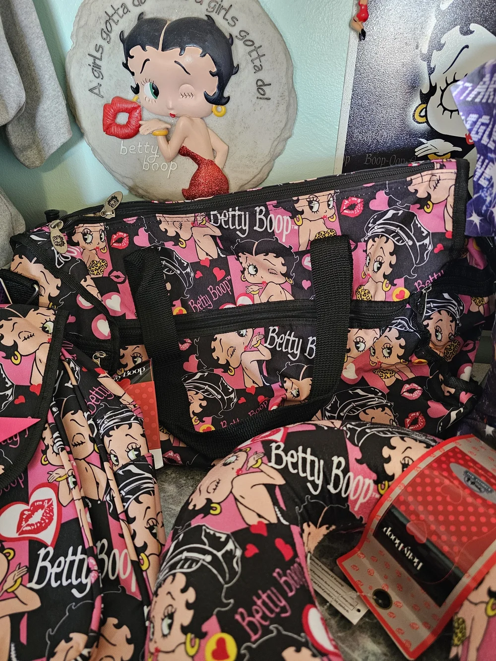 Betty Boop 4-Piece 1 Mini Backpack 1 Medium Backpack Duffle & Neck Pillow